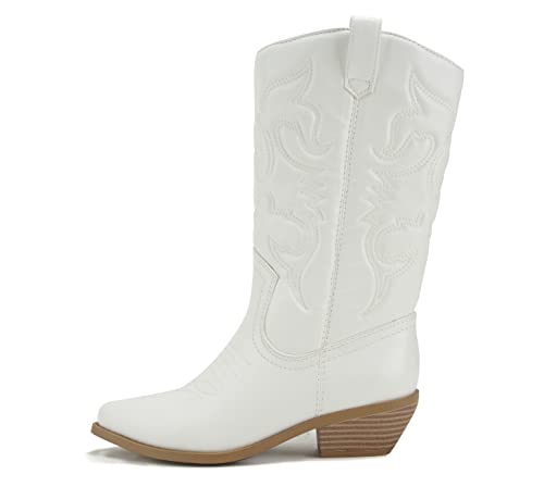 Soda Reno Western Cowboy Botas puntiagudas hasta la rodilla con lengüetas, Blanco, 41 EU