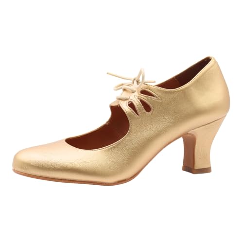 PASARELA - Zapatos de Baile Flamenco de Piel Vegana para niña y Mujer Tallas 37 al 41 Color Oro...