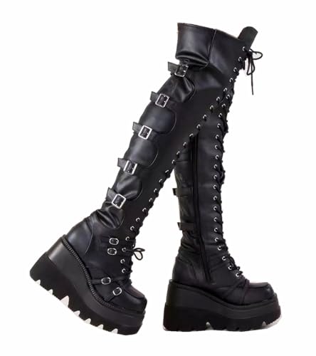 Gothniero Botas de plataforma negras por encima de la rodilla, botas góticas altas para mujer,...