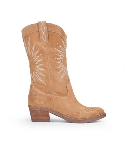 BOSANOVA Bota Cowboy de Media caña confeccionada en Serraje Piel con Detalle de Cortes y Bordados a...