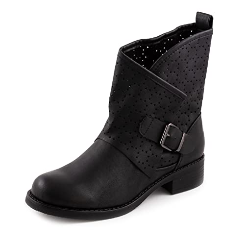 Toocool Botas bajas para mujer, motero, anfibios, hebilla perforadas, G630, Negro , 38 EU