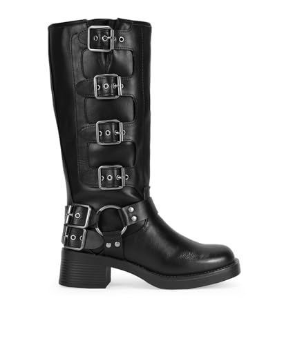 BOSANOVA Botas Altas Estilo Biker confeccionadas con Detalle de argolla metálica y Hebillas...