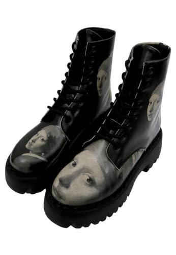 Women Vegan Leather Black Long Boots - Girl With a Pearl Earring Design