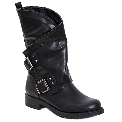 Toocool - Botas bajas para mujer de motorista, con hebillas anfibias SA9907, Negro , 39 EU