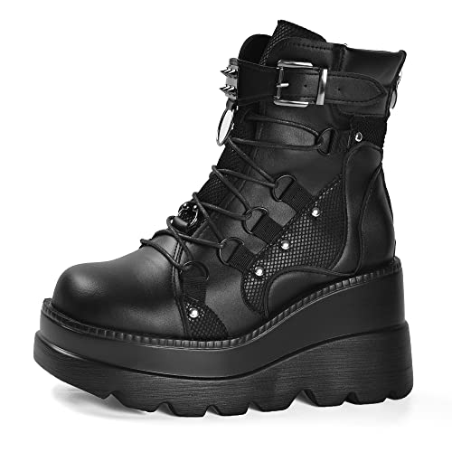 Gothniero Botas de moto de lucha para mujer, color negro, plataforma gruesa, para festival de moto,...