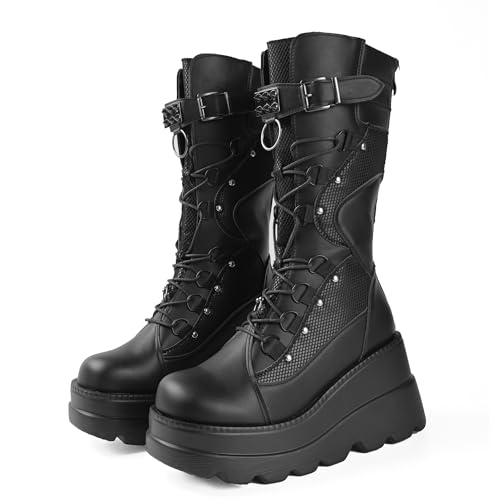 Gothniero Botas góticas de plataforma de rodilla alta con cuña de tacón grueso, botas góticas...